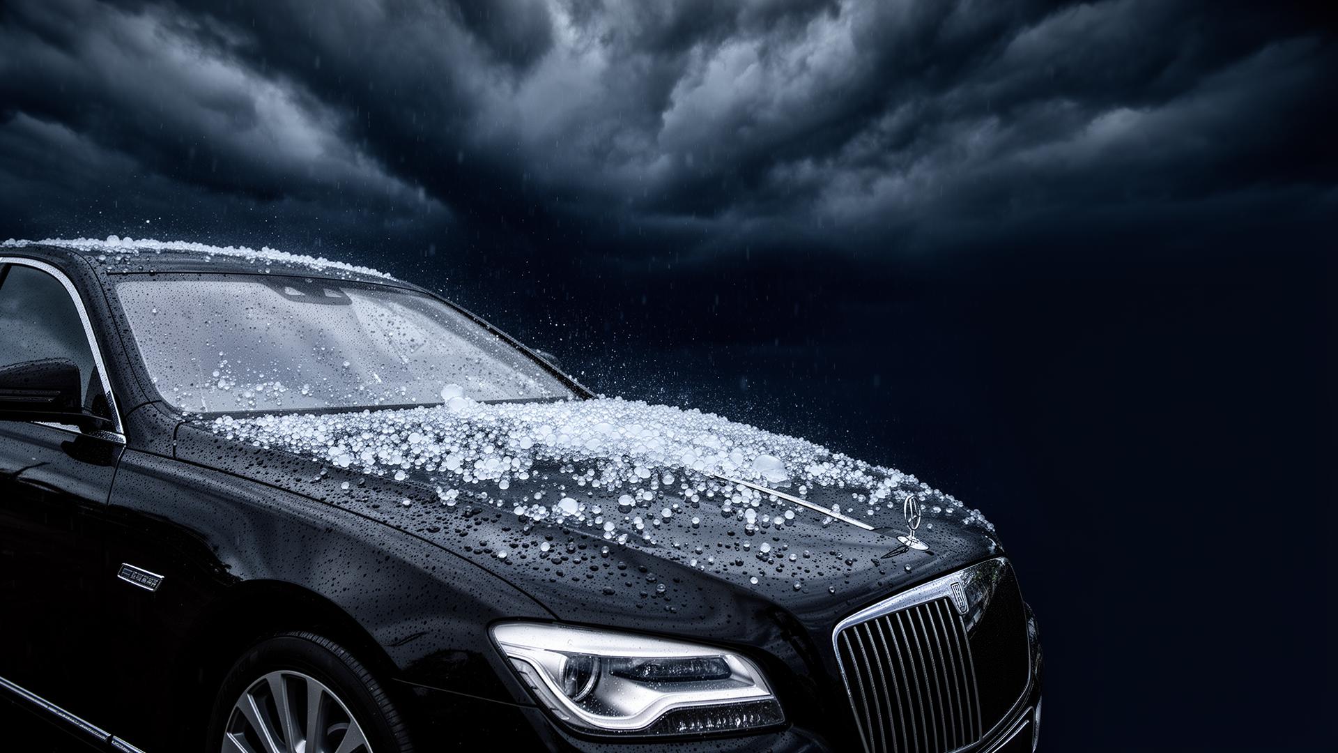 Luxury vehicle covered in hail under a stormy sky